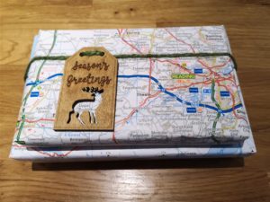 Map gift wrap and keepsake wooden tag